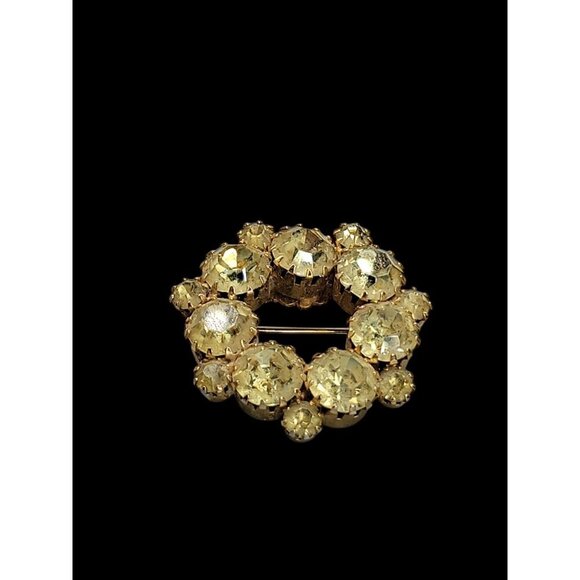 Paste Wreath Brooch Pin Yellow Round Prong Set Rhinestones Gold Tone Setting - Picture 6 of 13